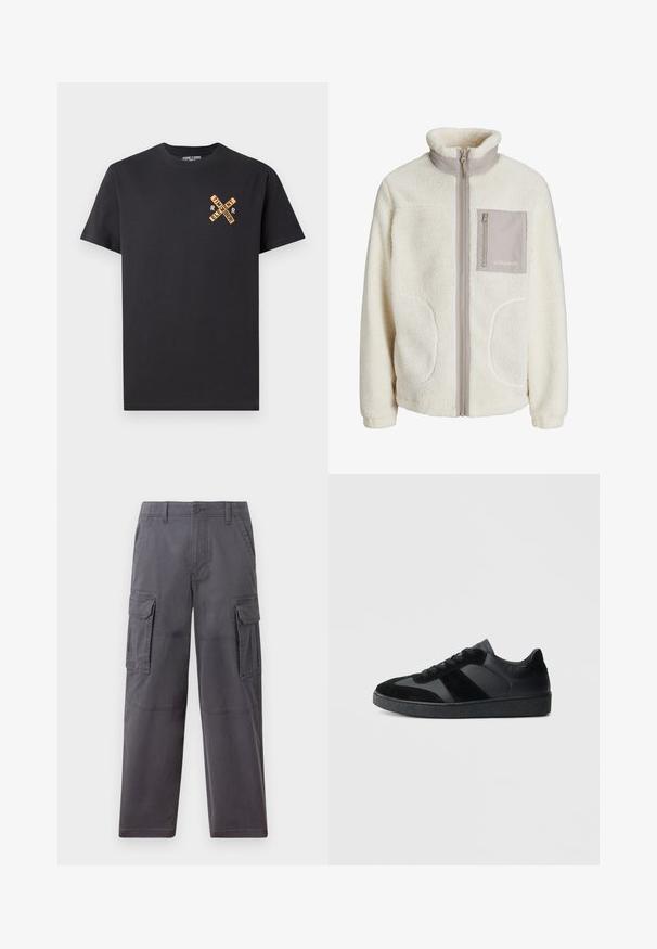 Witte fleecenjacket met hoge kraag, ritssluiting aan de voorkant, twee zijzakken en een enkele borstzak in een beige stof. "JJ Studios" logo op de zak.; Zwart katoenen T-shirt met een grafisch ontwerp in oranje, waarop de woorden "ELEMENT" en "REMEMBER" in een kruispatroon op de borst zijn afgebeeld.; Hollister Co. SKATER BAGGY - Cargobroek - grey; Zwarte sneakers met een mix van glad leer en suède, een gestructureerde zwarte rubberen zool en subtiele streepdetails.