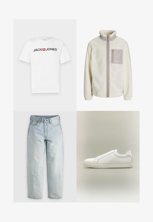 Hvid fleecejakke med høj krave, lynlås foran, to sidelommer og en enkelt brystlomme i en beige stof. "JJ Studios" logo på lommen.; Hvid bomulds-T-shirt med stort sort "JACK & JONES" logo med en rød boksdetalje. Korte ærmer og klassisk rund hals.; Lysblå denimjeans med lige ben, fem lommer og knap-fly lukning; har slidte områder og subtile syninger.; Hvid lavtop sneaker med snørebånd foran og tyk sål, vist fra siden mod en neutral baggrund.