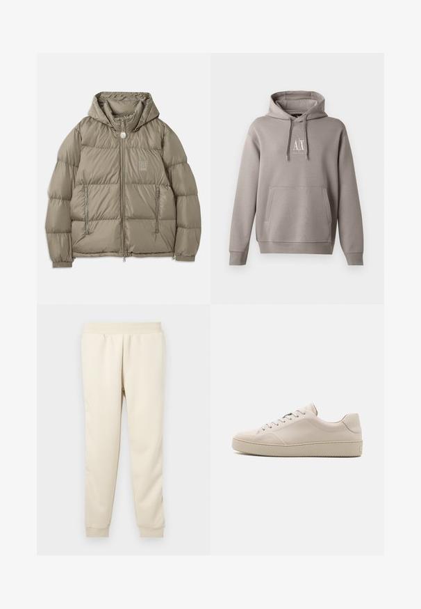Gepolsterte Jacke in einem gedämpften Olivgrün, mit Kapuze, Reißverschlusstaschen, elastischen Bündchen und einem Logopatch auf der Brust. Glatte Textur.; Grau Hoodie mit einer zentralen Kängurutasche, verstellbarem Kordelzug für die Kapuze und einem kleinen weißen Logo auf der Brust. Weicher Stoff.; Helle beige Sweatpants aus weichem Stoff mit taillierter Passform, elastischem Bund und Bündchen an den Knöcheln. Keine sichtbaren Muster oder Akzente.; Beige Leder-Sneaker mit glatter Oberfläche, abgerundetem Zehenbereich, flacher Sohle und klassischem Schnürdesign. Dezente Nähte und strukturierte Laufsohle.
