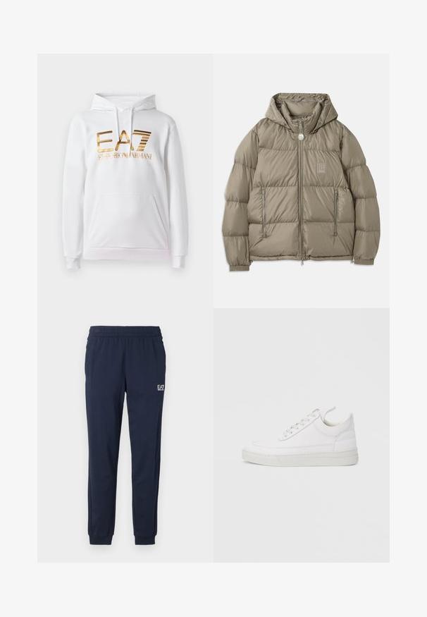 Polstret jakke i en dæmpet olivengrøn farve, som har hætte, lynlåslommer, elastiske manchetter og et logo-patch på brystet. Glat tekstur.; Hvid hoodie med en forlommes, der har et guldmetallic logo med teksten "EA7 EMPORIO ARMANI." Blødt stof og ribbede manchetter.; Mørkeblå sweatpants med elastisk talje og manchetter. Har et lille hvidt logo på venstre ben. Fremstillet af et blødt, strækbart materiale.; Hvid lædersneaker med rundet tå, flad sål og snørebånd foran. Har syningsdetaljer og polstret krave for komfort.