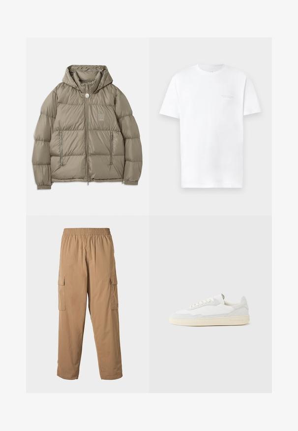 Veste rembourrée d'un vert olive atténué, dotée d'une capuche, de poches zippées, de poignets élastiques et d'un écusson sur la poitrine. Texture lisse.; T-shirt en coton blanc à manches courtes, encolure ronde, présentant un imprimé logo gris subtil sur la zone gauche de la poitrine et une texture lisse.; Pantalons cargo beiges avec une taille élastique, dotés de plusieurs poches latérales et d'une texture légère et lisse. Design à jambe droite.; Baskets blanches avec dessus en daim et cuir texturé. Caractérisées par un bout arrondi, une fermeture à lacets et une semelle en caoutchouc beige contrastante.