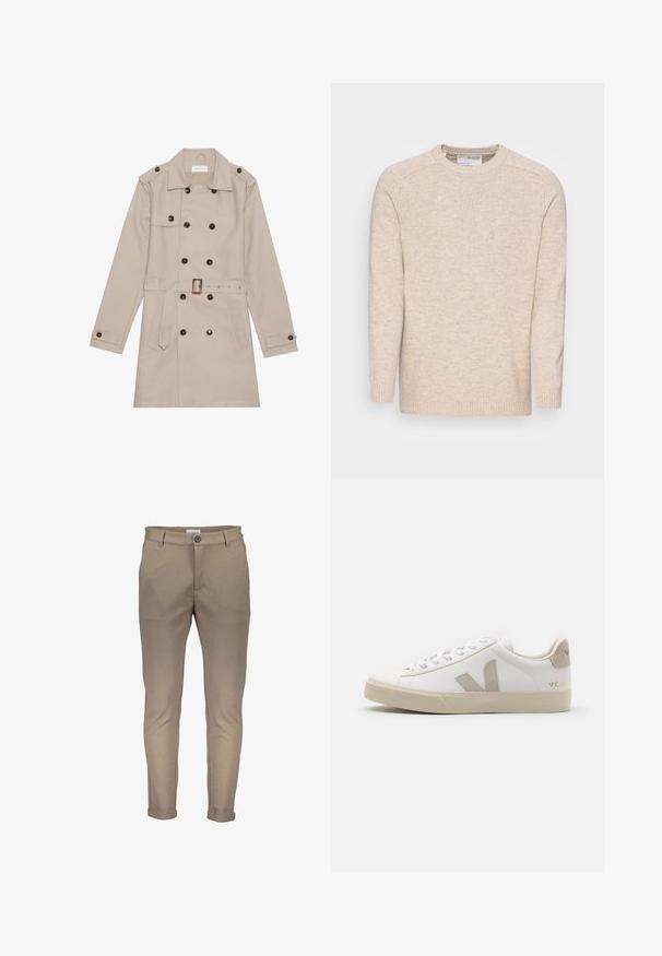 Manteau beige à double boutonnage, grandes boutons foncés, taille ceinturée, épaulettes et deux poches frontales.; Pull en tricot beige clair à col rond, à manches longues et avec des poignets côtelés ; présente un tissu texturé et un design simple.; Pantalon beige en mélange de coton, coupe slim, doté d'une fermeture par bouton, de passants pour ceinture et de revers roulés. Texture lisse avec des coutures nettes.; Baskets en cuir blanc avec des accents beiges, semelle plate en caoutchouc, bout rond et logo contrastant sur le côté et à l'arrière. Design à lacets.