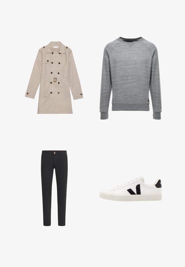 Beige trenchcoat med dobbelt række, store mørke knapper, talje med bælte, skulderlapper og to frontlommer.; Grå sweatshirt lavet af blødt stof med en tekstureret overflade, der har rund halsudskæring, lange ærmer og ribbede manchetter og søm.; Sorte slimfit bukser med bæltestropper, forlommer og knaplukning i taljen.; Hvide lædersneakers med sorte ruskindsdetaljer; har en gummisål, rund tå og klassisk snørebåndsdesign. Side logo i sort.