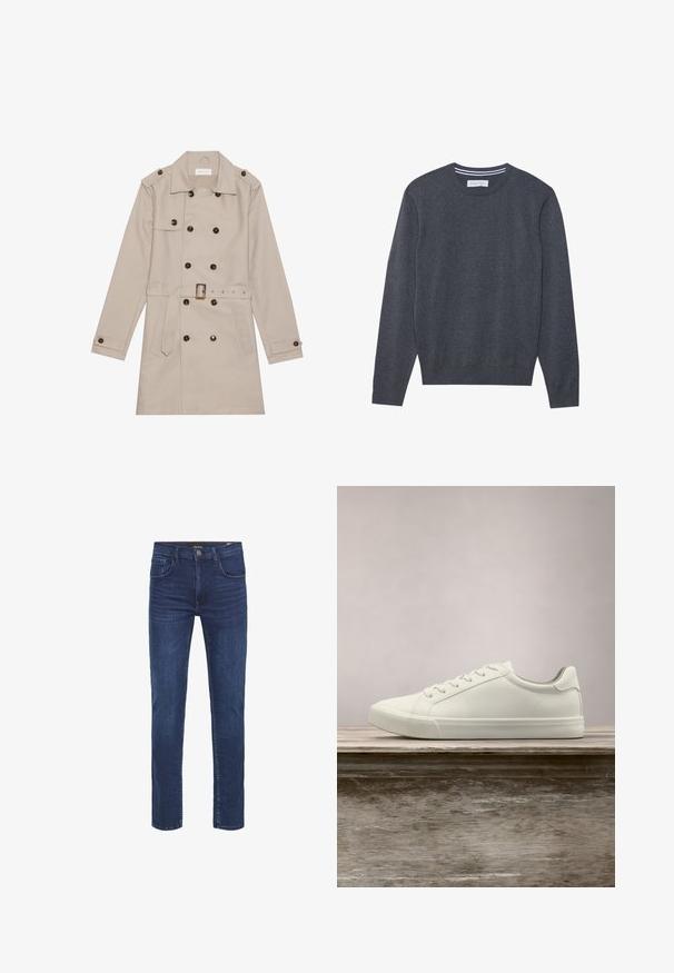 Trench beige con diseño de doble botón, grandes botones oscuros, cintura ceñida con cinturón, hombreras y dos bolsillos frontales.; Suéter de punto gris con cuello redondo, mangas largas y puños acanalados. Presenta una textura sutil y una etiqueta en el cuello.; Vaqueros de mezclilla azul oscuro con un diseño de pierna recta, cinco pockets y un clásico cierre de botón. Textura suave con detalles de desvanecimiento sutil.; Zapatilla blanca con cordones flotando sobre un banco de madera con follaje verde al fondo, mostrando el diseño y la textura del zapato.