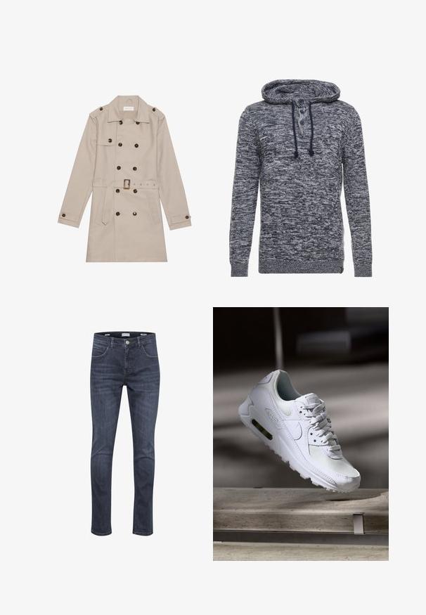 Beige Trenchcoat mit doppelreihigem Design, großen dunklen Knöpfen, tailliertem Gürtel, Schulterklappen und zwei vorderen Taschen.; Gestrickter Hoodie aus dunkelblauem und grauem Melange-Stoff; verfügt über eine Frontblende mit drei Knöpfen, einen Kordelzug sowie gerippte Bündchen und Saum.; Dunkelblaue Denim-Jeans mit schlankem Schnitt, ausgestattet mit fünf Taschen, hellen Nähten und einem klassischen Reißverschluss mit Knopfverschluss.; Weiße Nike Air Max 90 Sneaker mit einem Obermaterial aus Mesh und Leder, durchlässigem Zehenbereich und einer sichtbaren Air-Einheit in der Ferse.