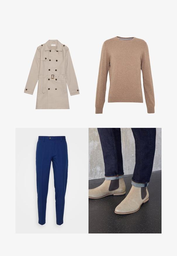 Trench beige con diseño de doble botón, grandes botones oscuros, cintura ceñida con cinturón, hombreras y dos bolsillos frontales.; Suéter marrón hecho de tejido de punto, con cuello redondo y mangas largas. Puños y dobladillo acanalados, color sólido con una textura suave.; Pantalones de vestir azul marino, hechos de una tela suave, con cierre de botón y diseño de pierna ajustada. Sin patrones ni acentos adicionales.; Botas Chelsea de ante beige claro con paneles laterales elásticos oscuros, usadas con vaqueros oscuros remangados sobre un suelo negro moteado.