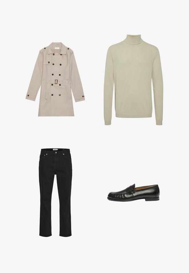 Beige trenchcoat med dobbelt række, store mørke knapper, talje med bælte, skulderlapper og to frontlommer.; Beige turtleneck sweater lavet af blødt materiale, med lange ærmer, en tætsiddende hals og en glat tekstur med ribbede accenter ved manchetterne.; Sorte jeans med lige ben med metal knap og nitter, med for- og baglommer, vist mod en hvid baggrund.; Scarosso FRED - Loafers - black calf