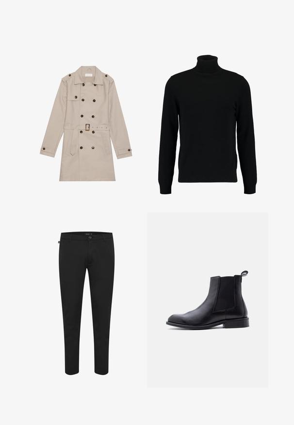 Beige trenchcoat met een dubbelzijdig ontwerp, grote donkere knopen, een ceintuur in de taille, schouderepauletten en twee vo zakken.; Zwarte coltrui gemaakt van een zacht breimateriaal. Heeft lange mouwen, een geribbelde kraag en zoom. Eenvoudig, strak ontwerp zonder patronen.; Zwarte broek van gladde stof. Heeft een knoopsluiting, lussen voor een riem en een slim fit ontwerp met taps toelopende pijpen. Geen zichtbare patronen.; Zwarte leren Chelsea-laars met elastisch zijpaneel, trekkoord bij de hiel, lage blokhak en een gladde afgeronde neus op een witte achtergrond.