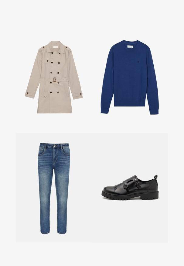 Beige Trenchcoat mit doppelreihigem Design, großen dunklen Knöpfen, tailliertem Gürtel, Schulterklappen und zwei vorderen Taschen.; Marineblauer gestrickter Pullover mit rundem Halsausschnitt, langen Ärmeln und gerippten Bündchen. Verfügt über ein kleines gesticktes Logo auf der Brust.; Blaue gerade geschnittene Jeans mit vorderer Knopfleiste und Reißverschluss, Gürtelschlaufen sowie Vorder- und Gesäßtaschen.; Pier One by Zalando Business-Slipper - black