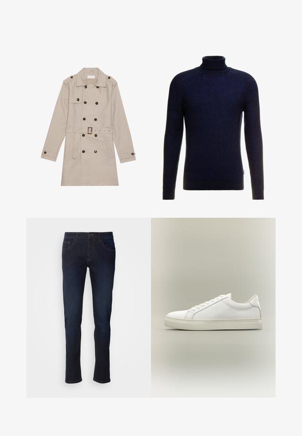 Beige Trenchcoat mit doppelreihigem Design, großen dunklen Knöpfen, tailliertem Gürtel, Schulterklappen und zwei vorderen Taschen.; Marineblauer, gerippter Rollkragenpullover mit langen Ärmeln. Hat ein figurschmeichelndes Design und ein strukturiertes Strickmuster. Weicher, dehnbarer Stoff für hohen Tragekomfort.; Dunkelblaue Jeans aus Denim mit geradem Bein, ausgestattet mit Fronttaschen, einem Reißverschluss und dezenten Nähdetails.; Weißer Sneaker mit niedrigem Schaft, vorn mit Schnürung und dicker Sohle, aus der Seitenansicht vor neutralem Hintergrund.