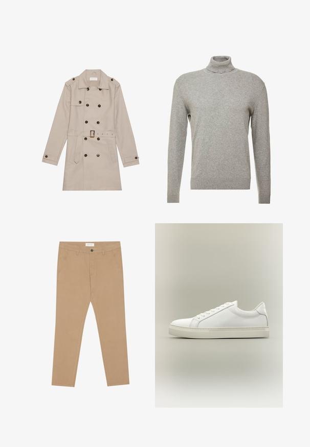 Manteau beige à double boutonnage, grandes boutons foncés, taille ceinturée, épaulettes et deux poches frontales.; Pull over gris avec un col haut et des manches longues. Fabriqué à partir d'un matériau lisse et doux, il possède une coupe ajustée et des accents côtelés au niveau de l'ourlet.; Chinos kaki en coton mélangé, dotés d'un devant plat, de deux poches latérales et d'une poche arrière unique. Tissu léger avec une texture lisse.; Baskets blanches basses à lacets sur l’avant et semelle épaisse, vues de côté sur un fond neutre.