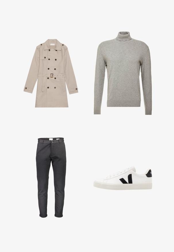 Manteau beige à double boutonnage, grandes boutons foncés, taille ceinturée, épaulettes et deux poches frontales.; Pull over gris avec un col haut et des manches longues. Fabriqué à partir d'un matériau lisse et doux, il possède une coupe ajustée et des accents côtelés au niveau de l'ourlet.; Pantalon slim gris foncé en tissu doux, doté d'une fermeture à boutons, de passants pour ceinture et d'ourlets retroussés. Texture lisse sans motifs.; Sneaker blanche en cuir avec des accents en daim noir ; dispose d'une semelle en caoutchouc, d'un bout rond et d'un design classique à lacets. Logo latéral en noir.
