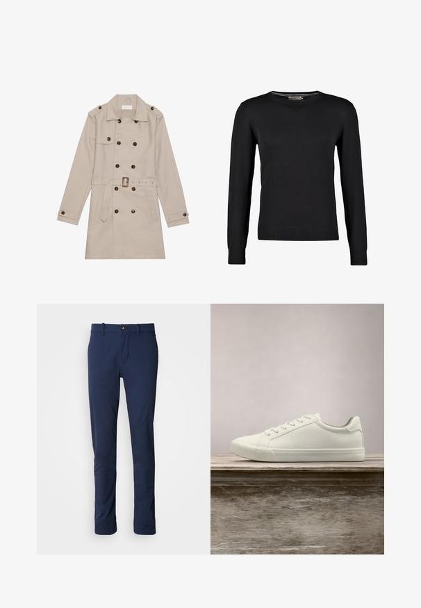 Trench beige con diseño de doble botón, grandes botones oscuros, cintura ceñida con cinturón, hombreras y dos bolsillos frontales.; Suéter negro de punto con mangas largas, cuello redondo y puños y dobladillo de canalé. Textura suave y diseño ajustado.; Pantalones azul marino de tela suave, con un diseño de pierna recta, cierre de cremallera y un único bolsillo frontal con cierre de botón.; Zapatilla blanca con cordones flotando sobre un banco de madera con follaje verde al fondo, mostrando el diseño y la textura del zapato.