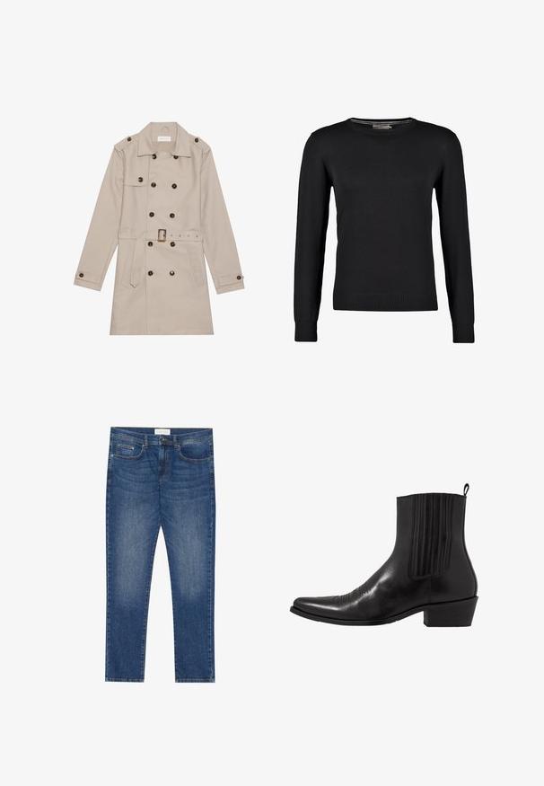 Beige Trenchcoat mit doppelreihigem Design, großen dunklen Knöpfen, tailliertem Gürtel, Schulterklappen und zwei vorderen Taschen.; Schwarzer Strickpullover mit langen Ärmeln, Rundhalsausschnitt und gerippten Bündchen und Saum. Glatte Textur und taillierte Passform.; Herren Jeans aus blauem Denim mit geradem Schnitt, fünf Taschen, leichtem Verwaschungsdetail sowie einem standardmäßigen Knopf- und Reißverschluss.; Schwarze Leder- ankle boot mit spitzem Zehenbereich, elastischen Seitenpaneelen, vertikalen Steppnähten und einem niedrigen Blockabsatz.
