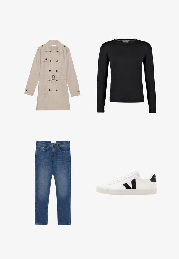 Beige Trenchcoat mit doppelreihigem Design, großen dunklen Knöpfen, tailliertem Gürtel, Schulterklappen und zwei vorderen Taschen.; Schwarzer Strickpullover mit langen Ärmeln, Rundhalsausschnitt und gerippten Bündchen und Saum. Glatte Textur und taillierte Passform.; Herren Jeans aus blauem Denim mit geradem Schnitt, fünf Taschen, leichtem Verwaschungsdetail sowie einem standardmäßigen Knopf- und Reißverschluss.; Weiße Leder-Sneaker mit schwarzen Wildlederelementen; verfügen über eine Gummisohle, eine runde Spitze und ein klassisches Schnürdesign. Seitliches Logo in Schwarz.