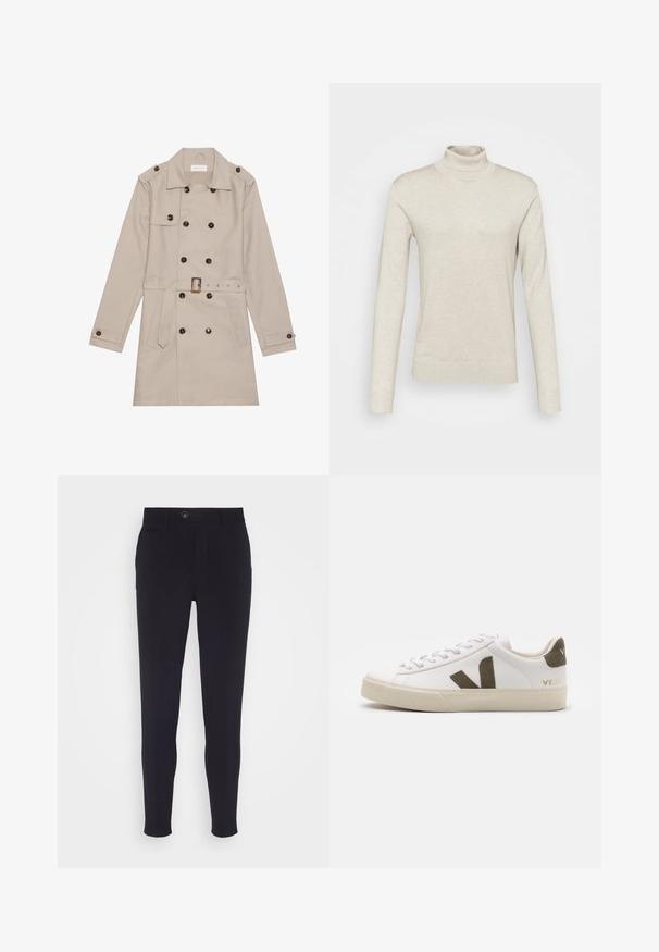 Beige trenchcoat met een dubbelzijdig ontwerp, grote donkere knopen, een ceintuur in de taille, schouderepauletten en twee vo zakken.; Lichtbeige coltrui gemaakt van zachte stof, met lange mouwen en een aansluitend ontwerp met ribgebreide accenten bij de kraag en manchet.; Marinelblauwe tailored broek met een slim fit, voorzien van een knoopsluiting, zijzakken en een gladde, licht gestructureerde stof.; Witte leren sneakers met een lichtbeige rubberen zool. Voorzien van een bruine suède V-logo en hieltab. Gespsluiting met een gestructureerd oppervlak.