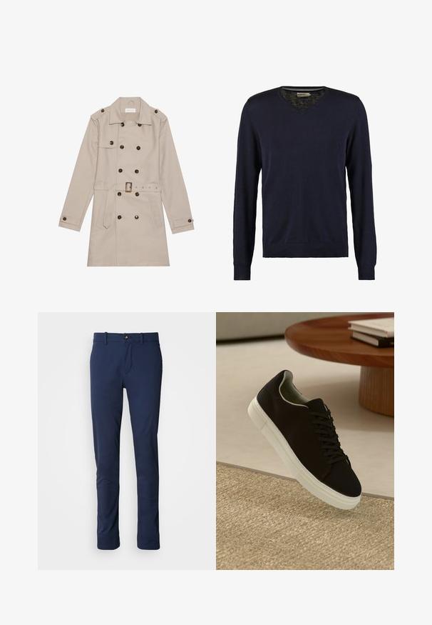 Beige trenchcoat met een dubbelzijdig ontwerp, grote donkere knopen, een ceintuur in de taille, schouderepauletten en twee vo zakken.; Donkerblauwe v-hals trui met lange mouwen, gemaakt van zacht breimateriaal, met ribgebreide boorden en zoom, een soepele textuur en zonder zichtbare patronen.; Navyblauwe broek van gladde stof, met een rechte pijp, een ritsluiting en een enkele voorkantzak met een knoopsluiting.; Zwarte sneaker met witte zool die boven een beige gestructureerd tapijt zweeft, nabij een ronde houten tafel met gestapelde boeken.
