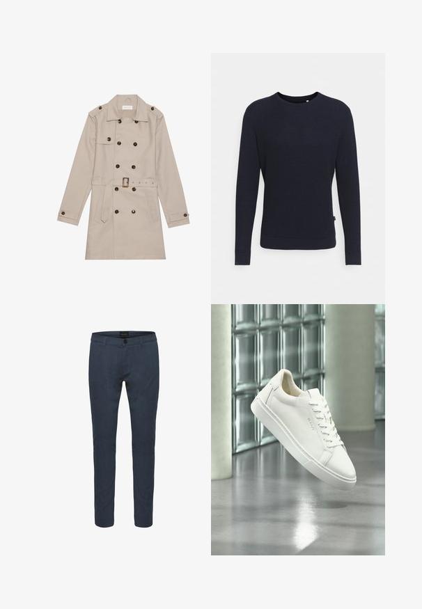Trench beige con diseño de doble botón, grandes botones oscuros, cintura ceñida con cinturón, hombreras y dos bolsillos frontales.; Jersey de punto azul marino con un patrón texturizado, cuello redondo y mangas largas. Cuenta con puños y dobladillo acanalados para una silueta ajustada.; Pantalones ajustados de color azul oscuro, confeccionados en tela, con cierre de botón, bolsillos delanteros y un diseño entallado. Textura suave con un ligero brillo.; Zapatilla blanca de corte bajo con cordones flotando sobre un suelo de hormigón reflectante frente a una pared de bloques de vidrio.