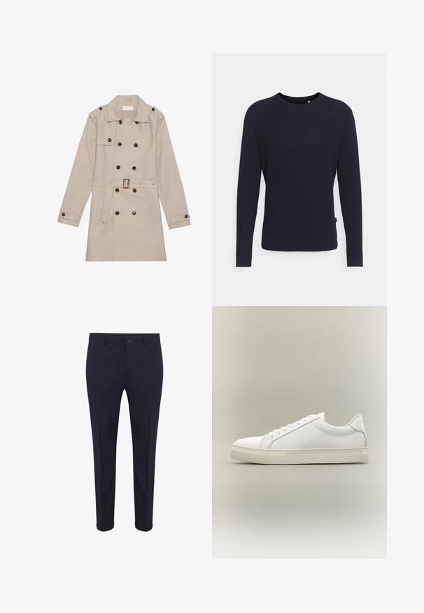 Manteau beige à double boutonnage, grandes boutons foncés, taille ceinturée, épaulettes et deux poches frontales.; Pull en tricot bleu marine avec un motif texturé, col rond et manches longues. Présente des poignets et un ourlet côtelés pour une silhouette ajustée.; Pantalons taillés bleu marine en tissu lisse, avec fermeture par bouton, poches avant et ourlets retournés. Design slim fit avec des lignes épurées.; Baskets blanches basses à lacets sur l’avant et semelle épaisse, vues de côté sur un fond neutre.