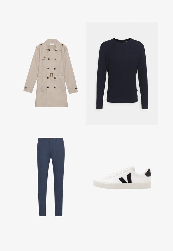 Trench beige con diseño de doble botón, grandes botones oscuros, cintura ceñida con cinturón, hombreras y dos bolsillos frontales.; Jersey de punto azul marino con un patrón texturizado, cuello redondo y mangas largas. Cuenta con puños y dobladillo acanalados para una silueta ajustada.; Pantalones de algodón azul marino con corte slim, con un botón marrón, bolsillos frontales y costuras simples. Textura suave, sin patrones visibles.; Zapatilla de cuero blanca con acentos de ante negro; presenta una suela de goma, puntera redonda y un diseño clásico de cordones. Logo lateral en negro.