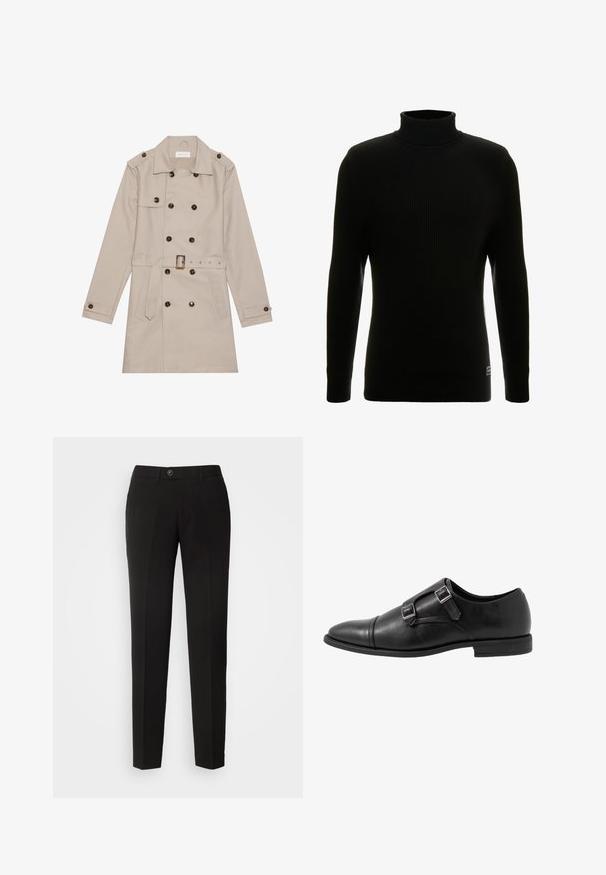 Manteau beige à double boutonnage, grandes boutons foncés, taille ceinturée, épaulettes et deux poches frontales.; Pull à col roulé noir avec des manches longues, texture côtelée, silhouette ajustée et petite étiquette de marque en bas à gauche.; Pantalons droits noirs en tissu lisse, dotés d'une fermeture à bouton et de poches latérales avec un design classique.; Chaussure monk strap en cuir noir avec deux boucles en argent, design à bout capteur, bout rond et semelle en caoutchouc de profil bas. Texture lisse, silhouette élégante.