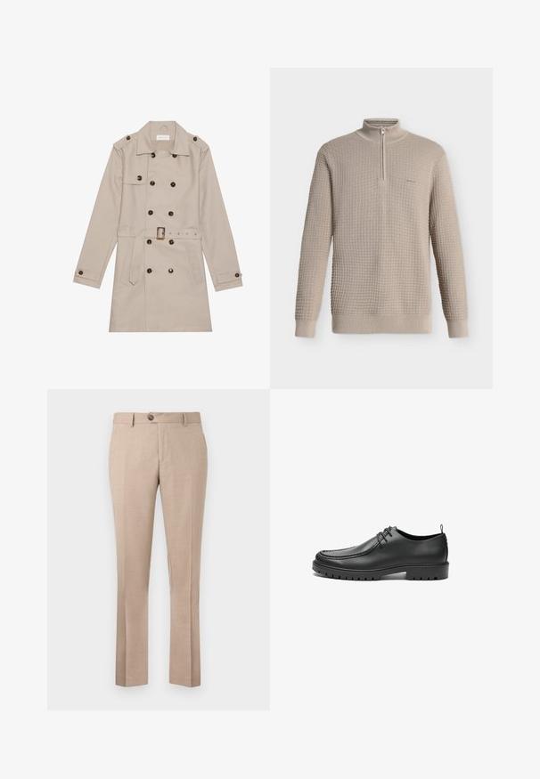 Beige trenchcoat med dobbelt række, store mørke knapper, talje med bælte, skulderlapper og to frontlommer.; Beige vaffelstrikket sweater med lange ærmer, halv lynlåshals, og ribstrikkede manchetter og kant, vist på hvid baggrund.; Beige bukser lavet af et letvægtsstof, har en lige pasform, enkelt knaplukning og to forlommer.; Sorte lædersko med en glat overflade, rund tå og dekorativ stikning. Har en gummisål med skridsikre spor og snørebåndsdesign.