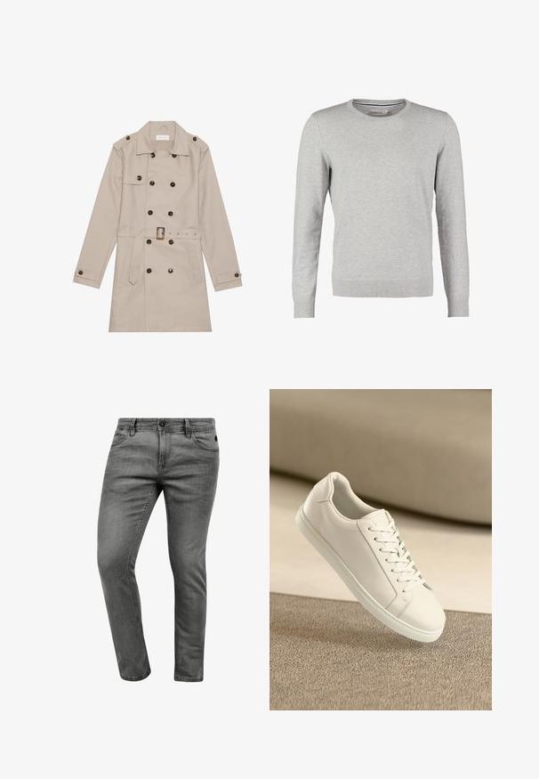 Beige trenchcoat med dobbelt række, store mørke knapper, talje med bælte, skulderlapper og to frontlommer.; Grå sweater med lange ærmer, rund halsudskæring, ribbede manchetter og kant. Fremstillet af et glat strikmateriale med en ensartet tekstur. Ingen mønstre eller accenter.; Grå denim jeans med slim fit, der har fem lommer, en knaplukning og diskrete syninger. Blød tekstur og enkelt design.; Hvide lædersneakers med hvide snørebånd, præsenteret på en beige tekstureret overflade og med en blødt uskarp baggrund.