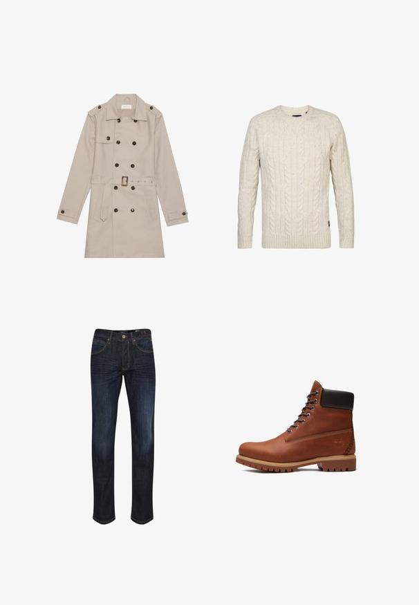 Beige trenchcoat med dobbelt række, store mørke knapper, talje med bælte, skulderlapper og to frontlommer.; Kabelstrikket cremefarvet sweater med lange ærmer, rund halsudskæring, ribbede manchetter og kant, samt et struktureret mønster med farveprikker.; Mørkeblå denimjeans med lige ben, fem lommer, gyldne stikninger og en glat tekstur. Knaplukning ved taljen.; Brun læderstøvle med snørebånd, sort polstret krave, tyk tan sål og præget trælogo på hælsiden.