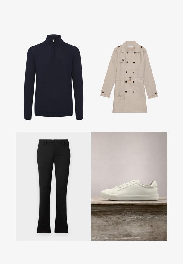 Manteau beige à double boutonnage, grandes boutons foncés, taille ceinturée, épaulettes et deux poches frontales.; Sweat-shirt zippé bleu marine avec un col montant et des manches longues. Fabriqué à partir d'un tissu doux et texturé avec des poignets et un ourlet côtelés.; Pantalons noirs en tissu lisse, avec une coupe droite légèrement évasée au bas, une fermeture à bouton à l'avant et des passants de ceinture.; Sneaker en dentelle blanche flottant au-dessus d'un banc en bois avec un feuillage vert en arrière-plan, mettant en valeur le design et la texture de la chaussure.