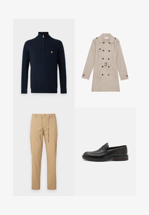 Beige trenchcoat med dobbelt række, store mørke knapper, talje med bælte, skulderlapper og to frontlommer.; Marineblå pullover med halv lynlås ved kraven, lavet af glat stof; har et lille gult broderet logo på brystet.; Lyse beige bomuldsbukser med snøre i taljen, tætsiddende pasform, standardlommer og knaplukning foran. Glat tekstur.; Sorte læderloafers med en syet tådetalje, to vandrette remme over forsiden, og en træhæl. Glat tekstur og afrundet form.