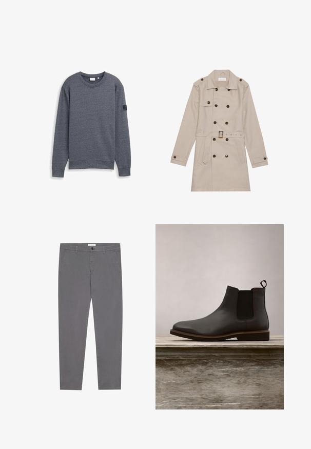 Beige trenchcoat med dobbelt række, store mørke knapper, talje med bælte, skulderlapper og to frontlommer.; Grå langærmet sweatshirt lavet af tekstureret stof med rund hals og ribbede manchetter. Har et minimalistisk design uden udsmykninger.; Grå bomuldsbukser med slim fit, der har to forlommer, en enkelt baglomme og en knaplukning i taljen.; Sorte læder Chelsea støvler med elastiske sidepaneler og rund tå, der har en tekstureret sål og diskrete syninger, hævet over en træoverflade.