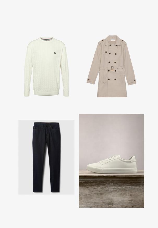 Manteau beige à double boutonnage, grandes boutons foncés, taille ceinturée, épaulettes et deux poches frontales.; Pull à manches longues en maille torsadée blanche avec col rond et petit logo noir de U.S. Polo Assn. sur la poitrine gauche.; Jean en denim bleu foncé avec une coupe droite, disposant de poches avant, d'une fermeture à bouton métallique et de surpiqûres jaunes contrastantes.; Sneaker en dentelle blanche flottant au-dessus d'un banc en bois avec un feuillage vert en arrière-plan, mettant en valeur le design et la texture de la chaussure.