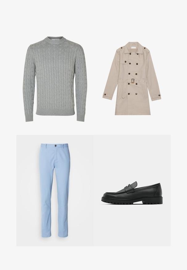 Beige trenchcoat met een dubbelzijdig ontwerp, grote donkere knopen, een ceintuur in de taille, schouderepauletten en twee vo zakken.; Lichtgrijze gebreide trui met een kabelpatroon, ronde halslijn en geribde manchetten en zoom. Gemaakt van zacht, gestructureerd stof.; Lichtblauwe katoenen chinos met een straight leg ontwerp, voorzien van een enkele knoopsluiting en subtiele voorplooien.; Zwarte leren instappers met een ronde neus, voorzien van een gestikt ontwerp, een lage platformzool en een gestructureerde, grof rubberen buitenzool.