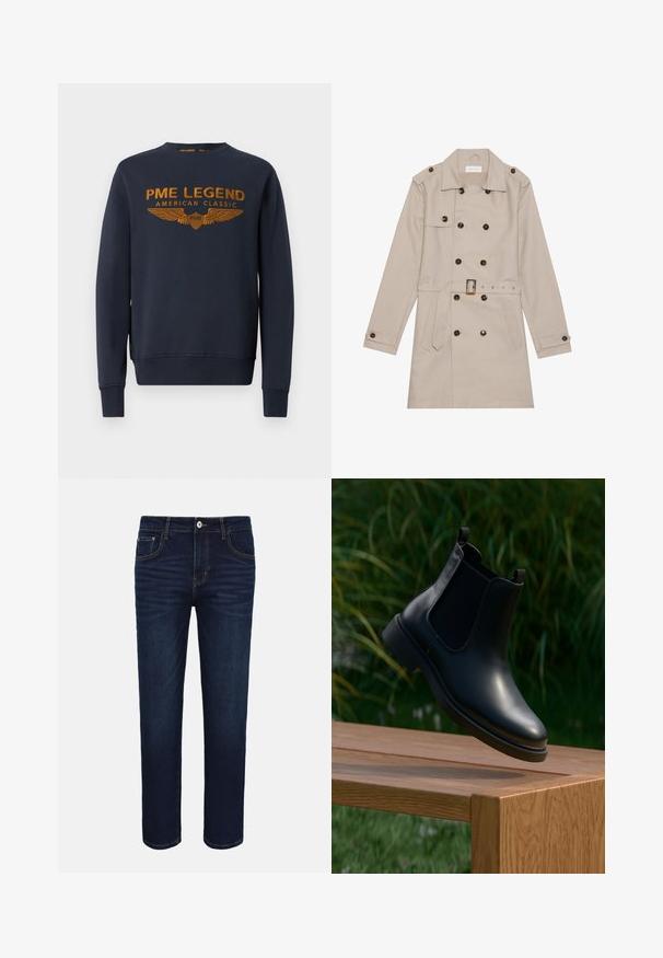 Beige trenchcoat med dobbelt række, store mørke knapper, talje med bælte, skulderlapper og to frontlommer.; Mørkeblå sweatshirt lavet af bomuld, med et gyldent trykt logo med vinger. Rund hals, lange ærmer, ribbede manchetter og kant.; Mørkeblå denimjeans med forlommer, knappelukning og subtile falmede detaljer ved lårene på hvid baggrund.; Sort læder ankelstøvle med elastiske sidepaneler, der svæver over en træbænk, med grønne planter i baggrunden.