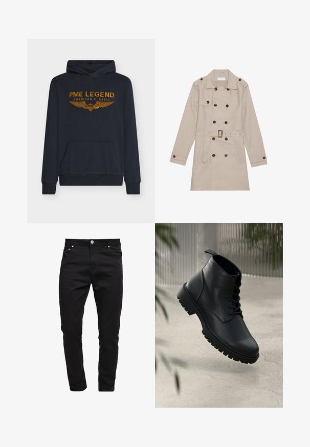 Beige Trenchcoat mit doppelreihigem Design, großen dunklen Knöpfen, tailliertem Gürtel, Schulterklappen und zwei vorderen Taschen.; Marineblaue Kapuzenjacke aus weichem Stoff mit orange gesticktem Text "PME LEGEND AMERICAN CLASSIC" samt Flügel-Design und einer Fronttasche.; Schwarze Jeans aus Denim-Stoff, schlanke Passform, Fünf-Taschen-Stil, Metallknopfverschluss, mit Steppnähten und einer glatten Textur.; Schwarze Lederstiefeletten mit runder Zehenform, Schnürdesign und robustem Gummisohle. Glatte Textur mit einer Zuglasche an der Rückseite.