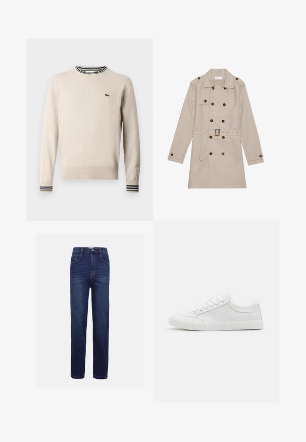Beige Trenchcoat mit doppelreihigem Design, großen dunklen Knöpfen, tailliertem Gürtel, Schulterklappen und zwei vorderen Taschen.; Beige Pullover aus Strickstoff, mit rundem Halsauschnitt, gerippten Bündchen mit schwarzen und grünen Streifen und kleinem Logo auf der Brust.; Dunkelblaue Denim-Jeans mit geradem Bein, fünf Taschen, Knopfverschluss und dezenten horizontalen Nähdetails.; Weiße Sneakers mit einem Obermaterial aus glattem Leder, runder Zehenpartie, flacher Gummisohle und sechs Ösen für die Schnürsenkel. Subtile Nähdetails, minimalistisches Design.