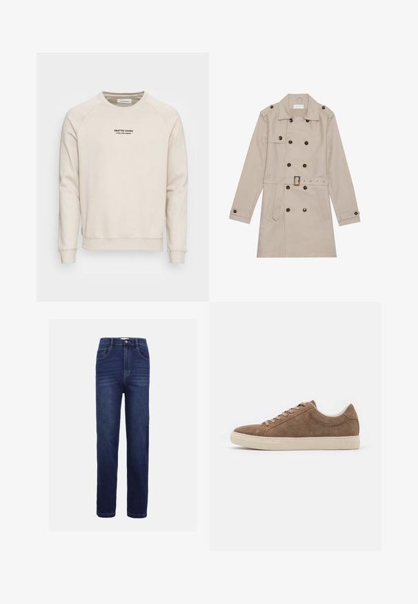 Beige trenchcoat med dobbelt række, store mørke knapper, talje med bælte, skulderlapper og to frontlommer.; Cremefarvet sweatshirt med raglanærmer, ribbede manchetter og kant. Har et sort tekstlogo på fronten. Blødt, tekstureret stof.; Mørkeblå denim jeans med lige ben-design, fem lommer, knaplukning og subtile vandrette syninger.; Brune ruskind casual sneakers med lav profil, flad beige gummisål og seks snørehuller. Rund toe og minimalistisk design.