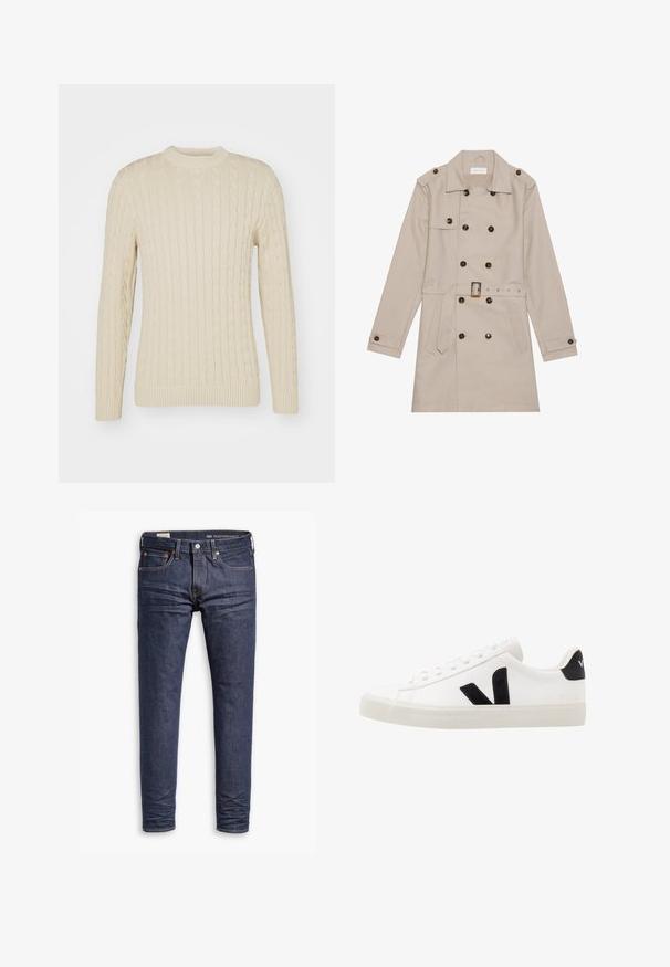 Beige trenchcoat met een dubbelzijdig ontwerp, grote donkere knopen, een ceintuur in de taille, schouderepauletten en twee vo zakken.; Kabelgebreide trui in lichtcreme. Heeft een ronde hals, lange mouwen, geribbelde boorden en zoom, met een gestructureerd oppervlakpatroon.; Donkerblauwe slim-fit Levi's Performance spijkerbroek met vijf zakken en zichtbare stiksels op een witte achtergrond.; Witte leren sneaker met zwarte suède accenten; voorzien van een rubberen zool, ronde neus en een klassieke vetersluiting. Zijkant met logo in het zwart.