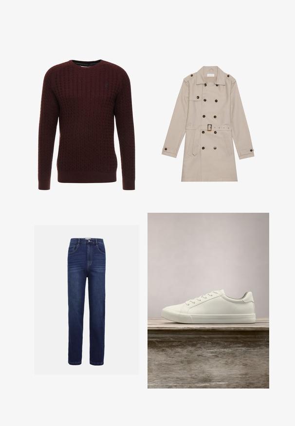 Trench beige con diseño de doble botón, grandes botones oscuros, cintura ceñida con cinturón, hombreras y dos bolsillos frontales.; Suéter de punto burdeos con un patrón texturizado, cuello redondo y mangas largas. Presenta puños y dobladillo acanalados. Detalle de logo sutil.; Vaqueros de mezclilla en azul oscuro, con un diseño de pierna recta, cinco bolsillos, cierre de botón y sutiles detalles de costura horizontal.; Zapatilla blanca con cordones flotando sobre un banco de madera con follaje verde al fondo, mostrando el diseño y la textura del zapato.