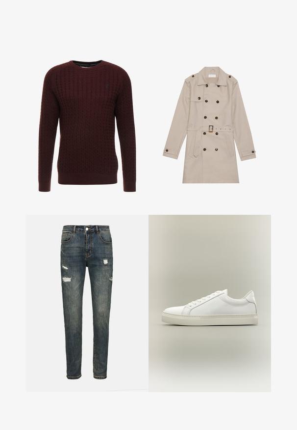 Trench beige con diseño de doble botón, grandes botones oscuros, cintura ceñida con cinturón, hombreras y dos bolsillos frontales.; Suéter de punto burdeos con un patrón texturizado, cuello redondo y mangas largas. Presenta puños y dobladillo acanalados. Detalle de logo sutil.; Jeans de mezclilla azul oscuro con un corte ajustado, que presentan detalles desgastados y rasgaduras. Cinco bolsillos y una cremallera clásica.; Zapatilla blanca de perfil bajo con cordones en la parte delantera y suela gruesa, mostrada de lado sobre un fondo neutro.