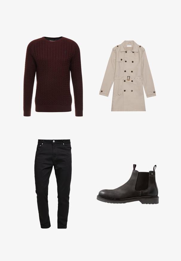 Trench beige con diseño de doble botón, grandes botones oscuros, cintura ceñida con cinturón, hombreras y dos bolsillos frontales.; Suéter de punto burdeos con un patrón texturizado, cuello redondo y mangas largas. Presenta puños y dobladillo acanalados. Detalle de logo sutil.; Jeans negros de tela de mezclilla, diseño ajustado, estilo de cinco bolsillos, cierre de botón metálico, con detalles de costura y una textura suave.; Botín Chelsea de cuero negro con paneles laterales elásticos, superficie texturizada y suela de goma. Presenta un tirador en rojo y azul.