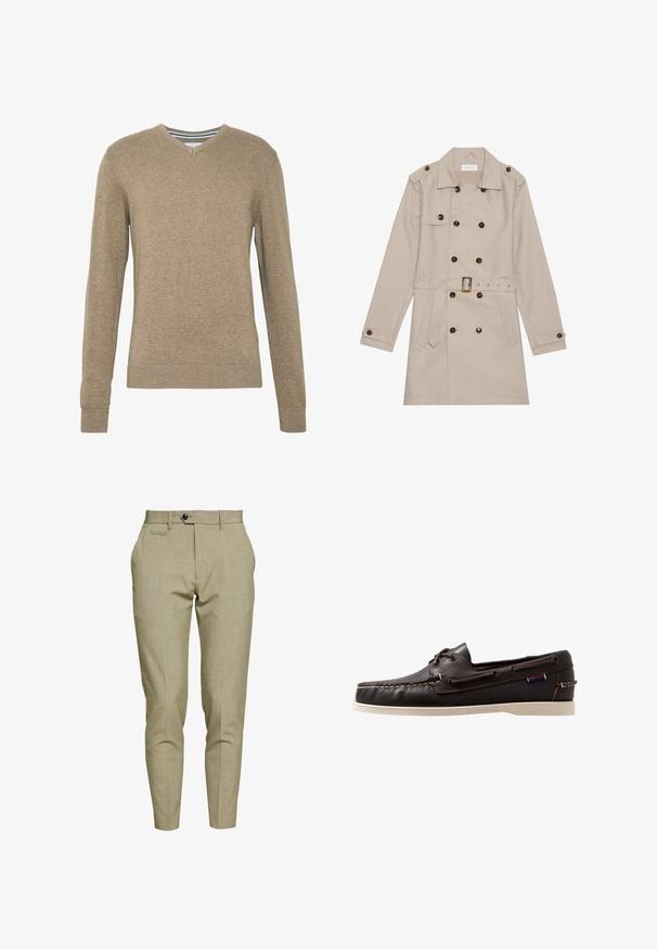 Trench beige con diseño de doble botón, grandes botones oscuros, cintura ceñida con cinturón, hombreras y dos bolsillos frontales.; Suéter con cuello en V hecho de un suave tejido de punto en marrón claro, con mangas largas y puños y bajo acanalados. Textura sutil en toda la tela.; Lindbergh CLUB PANTS - Pantalones chinos - army; Zapato de barco de piel marrón con suela de goma blanca, detalles de costura y ojetes. Cuenta con una puntera suave y redondeada y un acento de logo en el lateral.