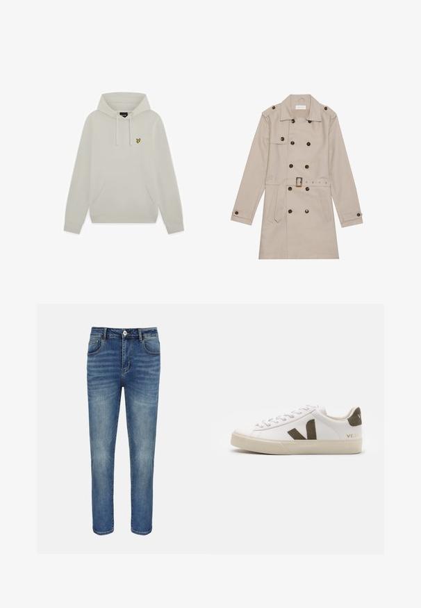 Beige trenchcoat med dobbelt række, store mørke knapper, talje med bælte, skulderlapper og to frontlommer.; Lysebeige hættetrøje med forlommelomme og lille gul fuglelogo på venstre bryst.; Blå straight-leg cowboybukser med forreste knap og lynlås, bæltestropper samt for- og baglommer.; Hvide læder sneakers med en lys beige gummisål. Har en brun ruskinds V-logo og hælflap. Snørret lukning med en struktureret overflade.