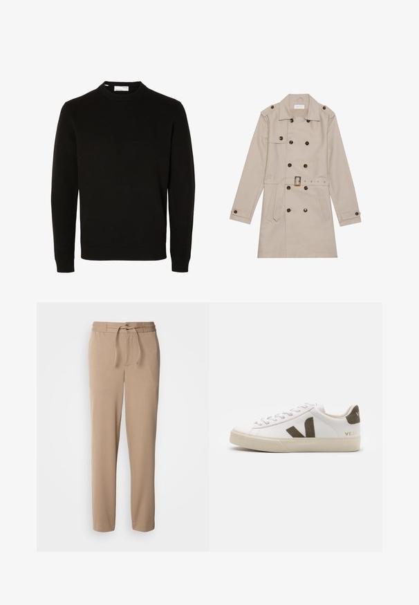 Beige Trenchcoat mit doppelreihigem Design, großen dunklen Knöpfen, tailliertem Gürtel, Schulterklappen und zwei vorderen Taschen.; Schwarzer langärmliger Rundhals-Strickpullover mit gerippten Bündchen und Saum, auf weißem Hintergrund gezeigt.; Beige Sweatpants aus weichem Baumwollmaterial, mit elastischem Bund, Kordelzug, slim fit und geraden Beinen ohne Muster.; Weiße Leder-Sneaker mit einer hellbeigen Gummisohle. Mit braunem Wildleder-V-Logo und Fersenlasche. Schnürverschluss mit texturierter Oberfläche.