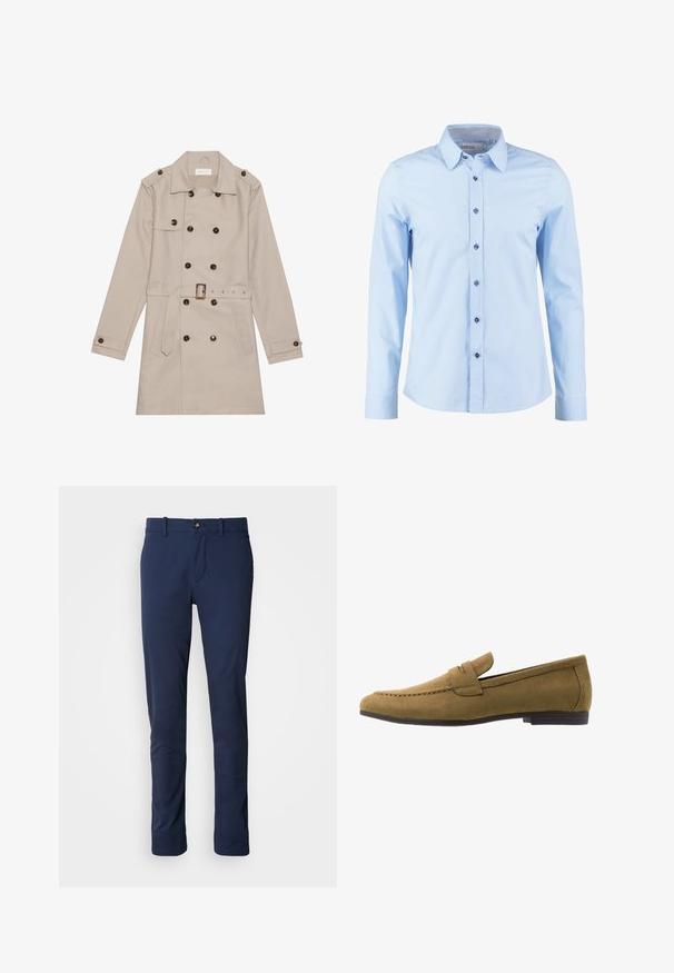 Manteau beige à double boutonnage, grandes boutons foncés, taille ceinturée, épaulettes et deux poches frontales.; Chemise habillée bleu clair à manches longues avec des boutons foncés et un col intérieur à carreaux, boutonnée devant.; Pantalon bleu marine en tissu lisse, avec un design à jambes droites, une fermeture éclair et une poche avant unique avec une fermeture à bouton.; Mocassin pour homme en daim marron clair avec un petit talon noir et une lanière sur le dessus, présenté de profil sur un fond blanc.