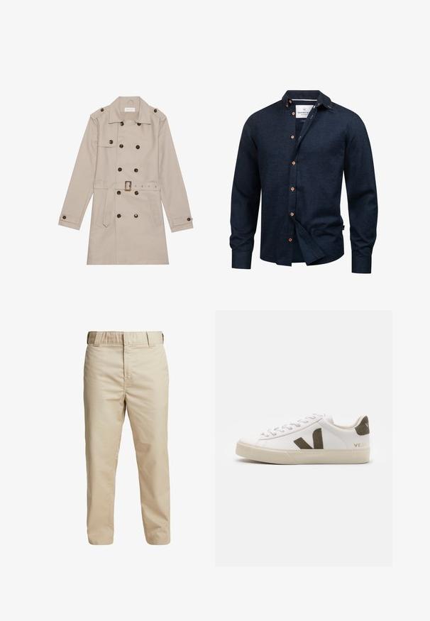 Beige trenchcoat med dobbelt række, store mørke knapper, talje med bælte, skulderlapper og to frontlommer.; Mørk marineblå herre skjorte med lange ærmer og knapper med brune knapper og en lille opretstående krave, delvist knappet op foran.; Beige bomuldsbukser med slim fit, lige ben og bæltesløjfer; glat tekstur og minimalistisk design uden synlige detaljer.; Hvide læder sneakers med en lys beige gummisål. Har en brun ruskinds V-logo og hælflap. Snørret lukning med en struktureret overflade.