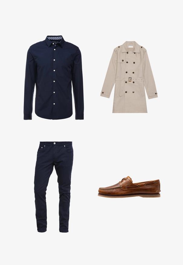 Manteau beige à double boutonnage, grandes boutons foncés, taille ceinturée, épaulettes et deux poches frontales.; Chemise bleu marine à manches longues avec col boutonné, col intérieur à carreaux contrastés et boutons blancs sur le devant. Texture lisse.; Pantalons slim-fit bleu marine en tissu mélangé coton, dotés d'une fermeture à bouton, de cinq poches et de détails de couture subtils.; Chaussures bateau en cuir marron avec des accents cousus, présentant des œillets en métal, une couture surélevée sur le bout et une semelle plate en caoutchouc.