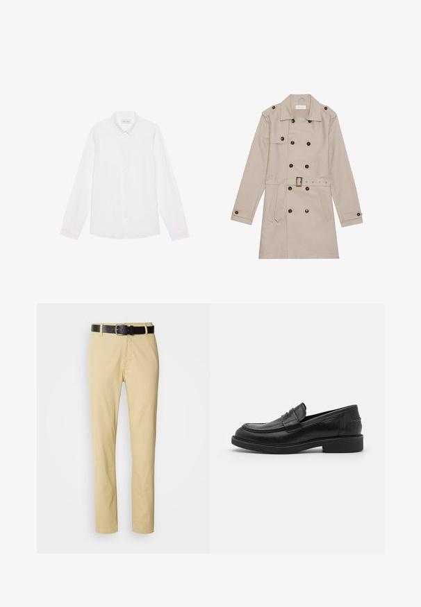 Beige trench coat with double-breasted design, large dark buttons, belted waist, shoulder epaulets, and two frontal pockets.; White long-sleeve button-up shirt made of cotton. Features a classic collar, front buttons, and a smooth texture with no visible patterns.; Beige cotton trousers with a straight-leg design, secured by a black leather belt featuring a silver buckle.; Black leather loafers with a rounded toe, tonal stitching, and a strap detail across the front. Rubber sole with a low heel.