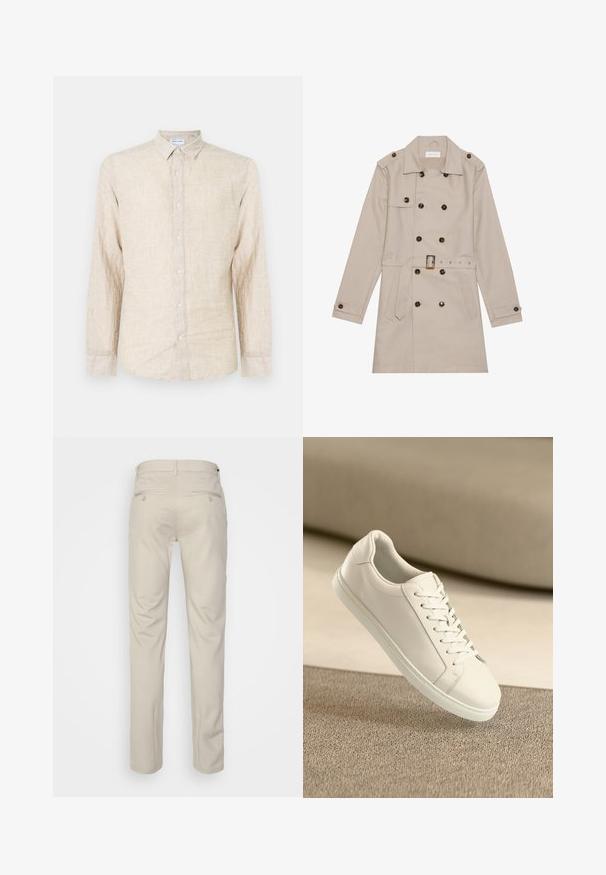 Beige trench coat, jossa on kaksirivinen malli, suuret tummat napit, vyötäröllä vyö, hartiapaikat ja kaksi etutaskua.; Valkoinen pitkähihainen paita, joka on valmistettu tekstuuri kankaasta, jossa on klassinen kaulus, nappisulku ja rento istuvuus.; Beige housut, joissa on sileä pinta, suora leikkaus, kaksi nappikiinnitteistä takataskua ja normaali vyötärö.; Valkoinen nahkakenkä valkoisilla nauhoilla, esillä beigellä tekstuuripinnalla ja pehmeästi sumentuneessa taustassa.