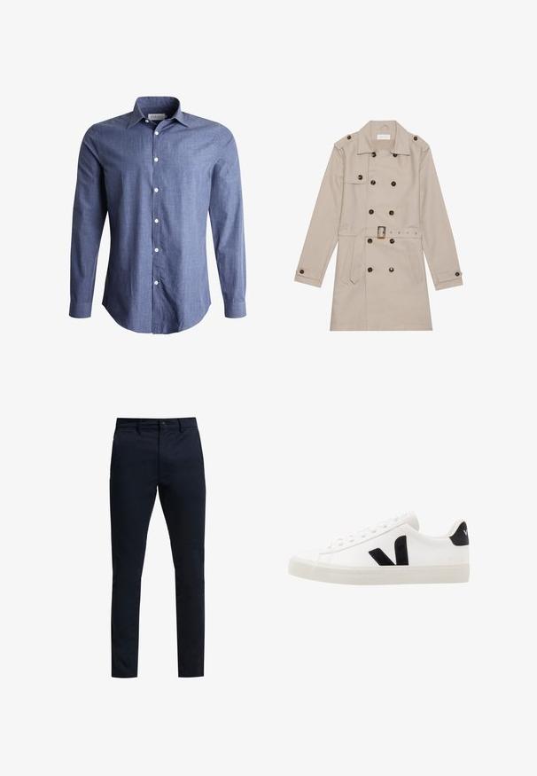 Manteau beige à double boutonnage, grandes boutons foncés, taille ceinturée, épaulettes et deux poches frontales.; Chemise à manches longues bleue en tissu léger, avec un col classique, un devant à boutons et des boutons blancs. Texture lisse, design polyvalent.; GAP ESSENTIAL SLIM FIT - Chino - new classic navy; Sneaker blanche en cuir avec des accents en daim noir ; dispose d'une semelle en caoutchouc, d'un bout rond et d'un design classique à lacets. Logo latéral en noir.